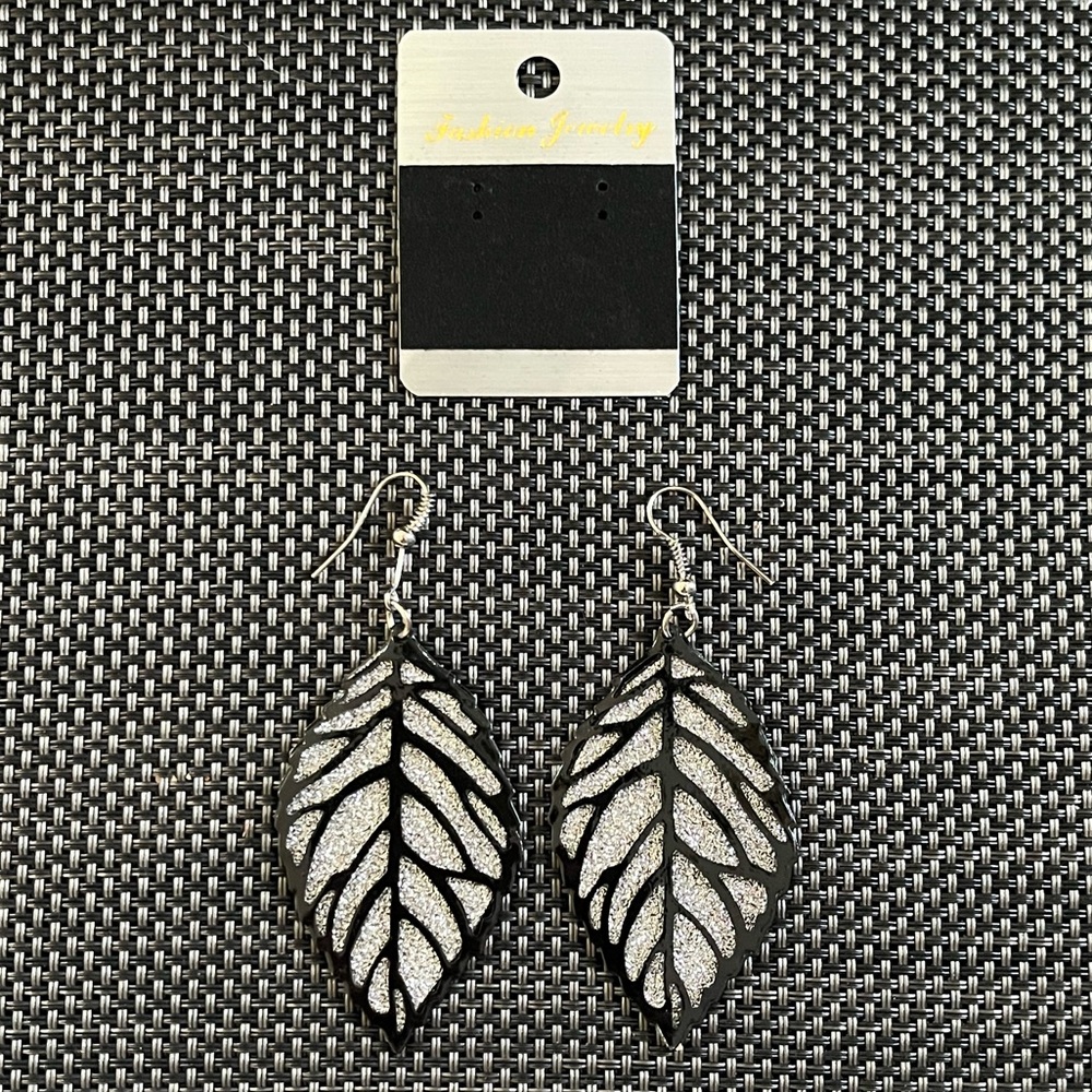 Sparkly Gunmetal Silver-tone Leaf Earrings